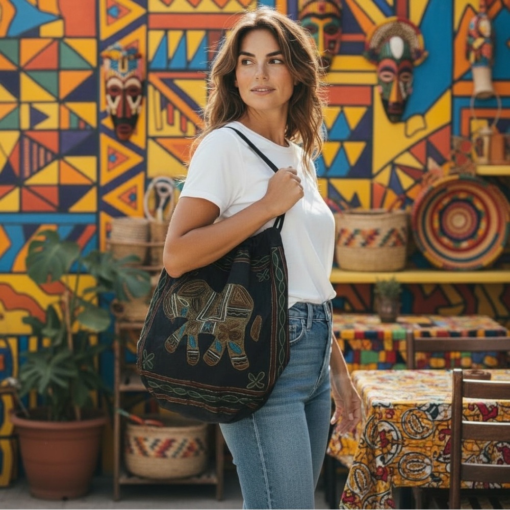 Embroidered Elephant Black Tote Bag